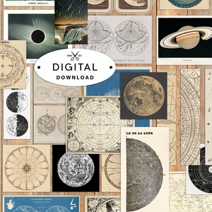 Digital Celestial Vintage Astronomy Elements - Space, Lunar, Moon Digital Scrapbooking Ephemera, Printable Junk Journaling Supplies, Science