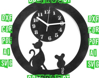 CAT Wall CLOCK, DXF file, Laser Cut, clock plans, Decorative Wall Clock, dxf clock, Clock Dxf file, instant download, cnc clock files, file