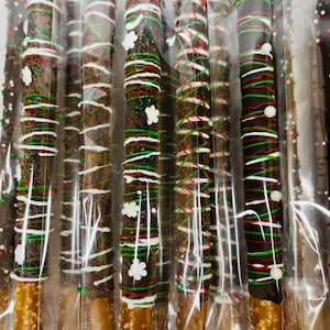 Christmas Pretzel Rods, Green Red White Chocolate Covered Dipped Gourmet Pretzel, Christmas Favors, Holiday Party, Christmas Pretzel