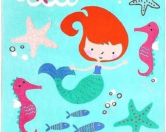 Valentina - Personalized Printed Beach Towels for Kids, 100% Absorbent Cotton, 30'' x 60'', Custom Embroidered Name (Mermaid)