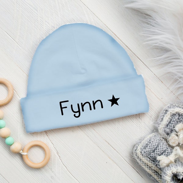 Baby Mütze - mit Namen und Stern- Geschenk zur Geburt oder Schwangerschaft - Mütze für Neugeborene personalisiert 0-6 Monate Rosa Blau Grau