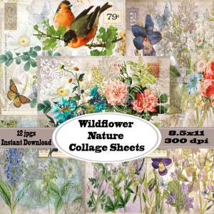 Wildflower Collage Sheets, Floral Nature Junk Journal Kit, Ephemera, Scrapbook Zubehör, Junk Journal Seiten, druckbar, Vintage