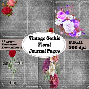 Vintage Gothic Lined Floral Journal Pages, Black and White Journal Pages,Floral Junk Journal Pages, Printable Floral Paper