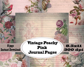 Pfirsich und Rosa Vintage Gefütterte Florale Junk Journal Seiten, Digitaler Download, Gefütterte JournalSeiten für Journal Kits, Junk Journal Kit