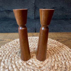 Beautiful Pair of MCM Danish Teak Wood Turned Candlestick Holders
