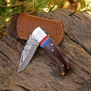 Handmade Damascus Pocket Knife Colour Wood Handle Birthday Gift Folding Knife Groomsmen Gift Anniversary Wedding Personalized Gift for Men