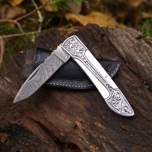 Handmade Damascus Pocket Knife White colour Handle Birthday Gift Folding Knife Groomsmen Gift Anniversary Wedding Personalized Gift for Men