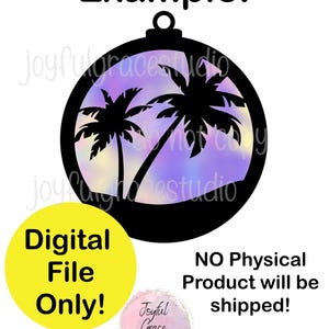 Peut inclure: Un motif d'ornement circulaire présentant une silhouette noire de deux palmiers sur un fond dégradé violet et jaune. Le texte indique Example, Digital File Only, NO Physical Product will be shipped, et Joyful Grace Studio.