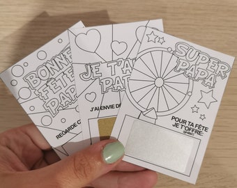 Carte à gratter à colorier, ticket à gratter, fête des pères / papa, bon pour. (lot de 3) a personnaliser