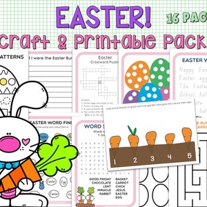 May include: A printable pack of Easter-themed crafts and activities for children. The pack includes a word search, a crossword puzzle, a maze, and a connect-the-dots activity. The cover features a cute bunny rabbit holding a carrot.