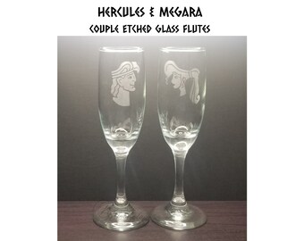 Hercules and Megara Etched Glass Flutes - Couple Set - (2) 6oz Wine Flutes - Gift for Wedding, Date Night, Anniversary, or Valentines Day