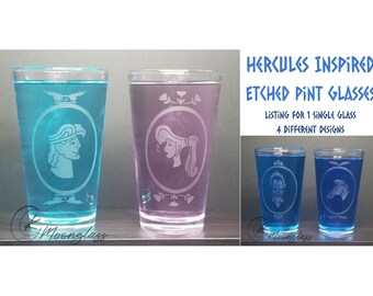 Hercules Etched Pint Glass - 4 Designs Available - Meg Hades Pegasus - Gift for Couples - Anniversary Ideas - Single 16oz Glass Listing