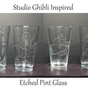 Anime Movie Etched Pint Glass - Demons, Dragons, and Magical Fire - 4 Designs Available Custom Choice - 16oz Clear Engraved Glass