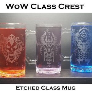 Class Crest Etched Mugs - Gift for Gamers - 13 Designs based on the Class Crests - Clear Engraved Glass Beer Mug - World War Cup -Single Mug