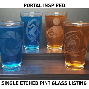 Portal Etched Pint Glass - Gift for Gamers - Cube - Core - SPAAACCCEEE - and more designs - Single Clear 16oz Engraved Cup