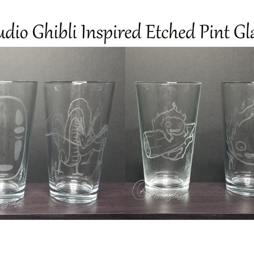Anime Movie Inspired Etched Pint Glass - Studio Ghibli Inspired - Spirited Away - Howls Moving Castle - 4 Designs Avail - 16oz Clear Glass