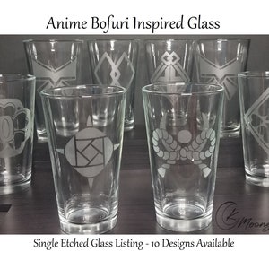 May include: Set of six clear glass tumblers with etched designs inspired by the anime "BOFURI: I Don't Want to Get Hurt, so I'll Max Out My Defense." Each glass features a different design, including a flower, a sun, a rope, and a diamond.