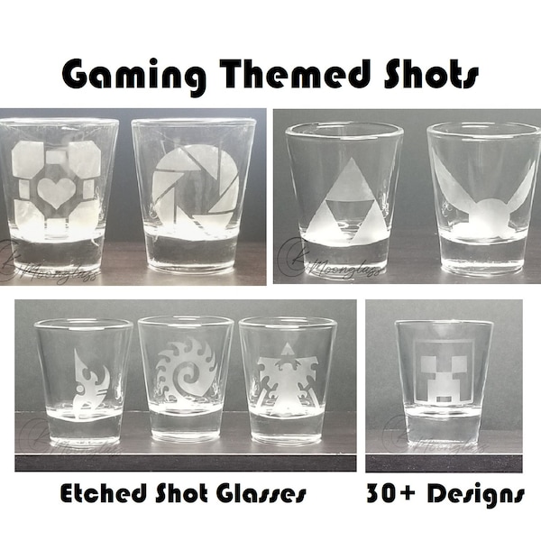 Gaming Themed Etched Shot Glasses - Dice, Cards, and PC based Designs - Gamer Gifts - Adult Geeky Nerdy Present Idea - Clear 1.5oz Shots