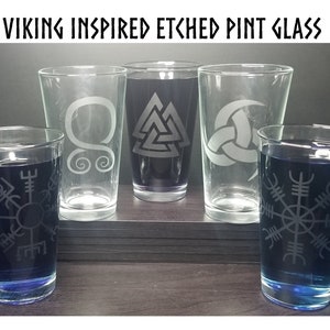 Viking Symbol Etched Clear Pint Glass - Norse Icelandic Inspired - Many Designs Available - Gift for Vikings - Present for Him - Helm of Awe