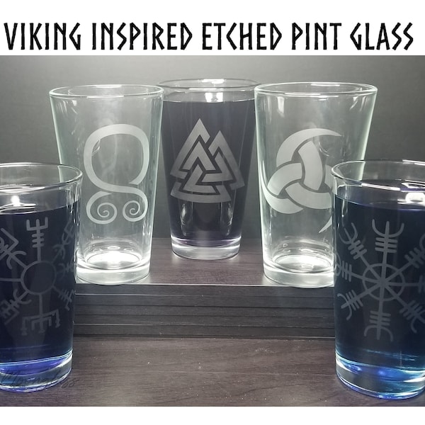 Viking Symbol Etched Clear Pint Glass - Norse Icelandic Inspired - Many Designs Available - Gift for Vikings - Present for Him - Helm of Awe