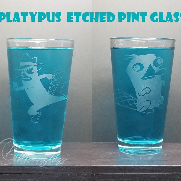 Platypus Derpy and Special Agent Inspired Etched Pint Glass - Single Clear Glass Listing - Cartoon Cups - Gift for Kid at Heart - Engraved