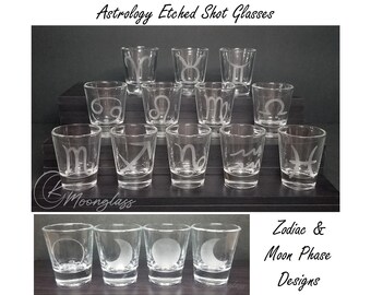 Astrology Etched Shot Glasses - Zodiac and Moon Phase Designs - Horoscope Lovers - 1.5oz Etched Shots - Novelty Gifts - Birthday Ideas