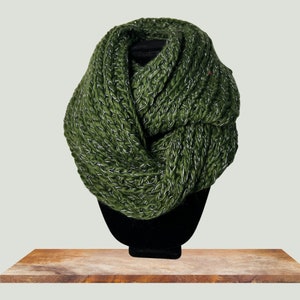 Knit Multi Colored Infinity Loop Circle Scarf in Soft Forest Green, Gray Weave, Large Soft Loop Stitch Warm Holiday Apparel, Cozy Clothing