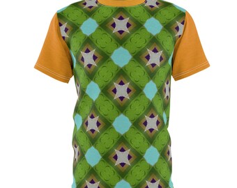 Green pattern shirt with orange sleeves and collar, unisex t-shirt, short sleeves, moisture wicking