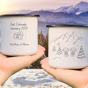 Personalized Downhill Ski Snowboard Lover Mug,  Custom Adventurer Travel Couple&#39;s Line Art Wanderlust Gift Outdoorsy Trip Cup