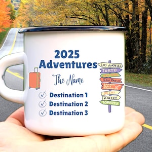 Customizable Adventure Bucket List Ceramic Mug, Personalized Family Travel Memories Couples Gift, Adventure Awaits, Campers Coffee Cup