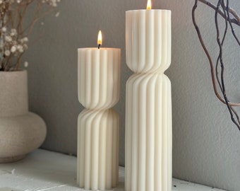 Tall Undyed Pillar Sculptural Candle, Ribbed Pillar Candle, Tall Pillar Candle, Striped Aesthetic Candle, Decorative Modern Candle