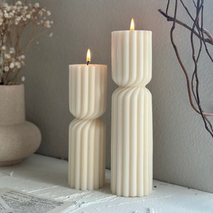 Tall Undyed Pillar Sculptural Candle, Ribbed Pillar Candle, Tall Pillar Candle, Striped Aesthetic Candle, Decorative Modern Candle