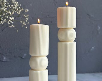 Large Undyed Ribbed Candle, Ribbed  Candle, Tall Pillar Candle, Striped Candle, Wedding Decor, Ribbed Soy Candle, Minimalist home decor