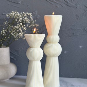 Ribbed Pillar Candle, Tall Undyed Pillar Sculptural Candle, Tall Pillar Candle, Striped Aesthetic Candle, Decorative Modern Candle