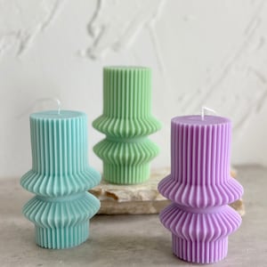 Striped Aesthetic Candle, Tall Pillar Candle, Ribbed Pillar Candle, Wavy Sculptural Candle, Decorative Modern Geometric Candles, Home Decor