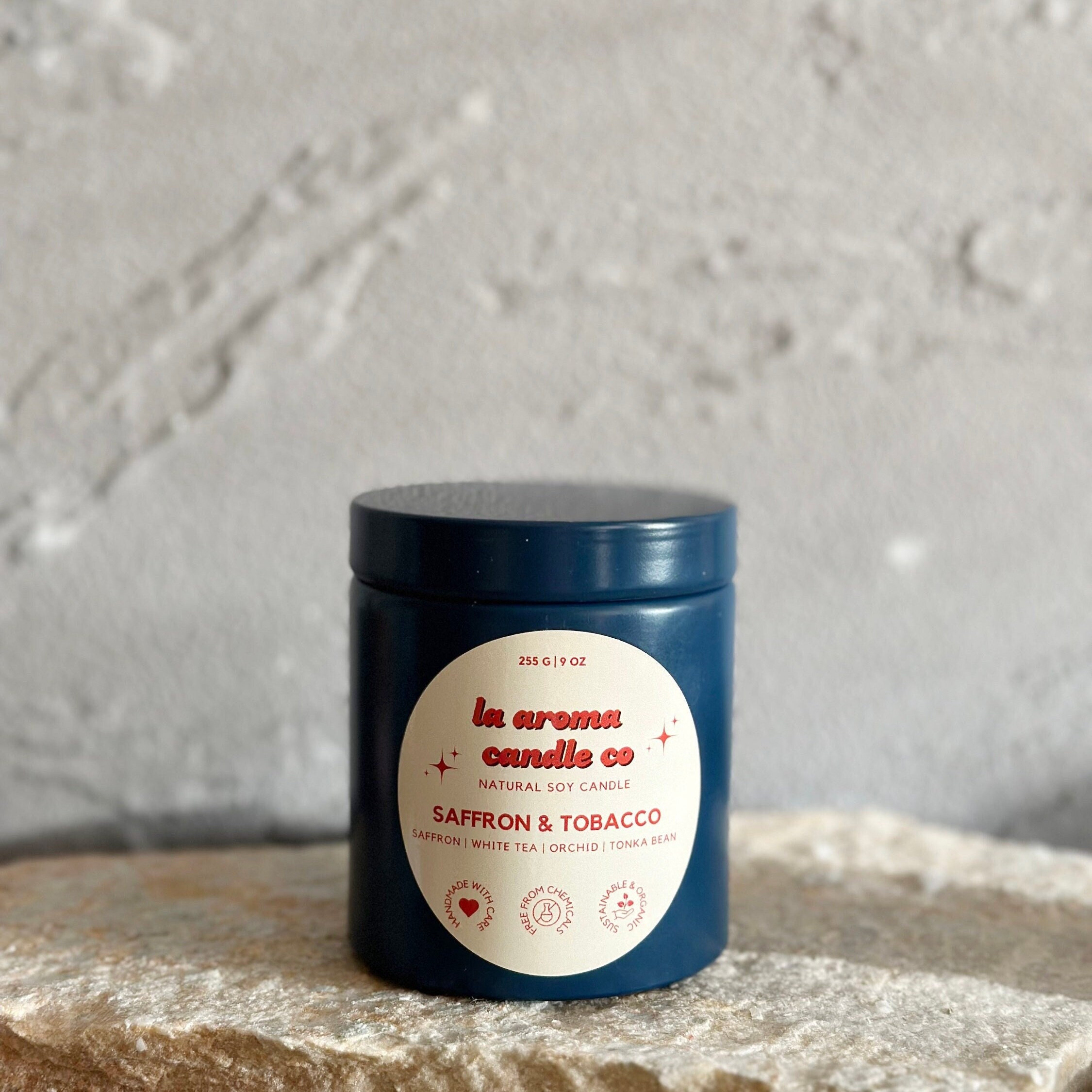 saffron and tobacco candle Saffron & Tobacco Candle: 9oz Blue Tin, Wood Wick Soy Candle