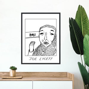May include: Black and white line drawing of a person with a surprised expression. The person is wearing a fur coat and has the word "BOSS" written above their head. The text "JOE LYCETT" is written below the drawing.