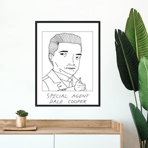 May include: Black and white line drawing of a man with the text "SPECIAL AGENT DALE COOPER" below the image.
