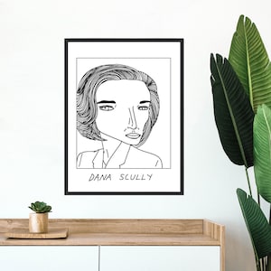 May include: Black and white line drawing of Dana Scully from the X-Files, with the text "Dana Scully" below the image.