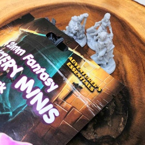 Pode incluir: Um close-up de um pacote de Miniaturas de Fantasia de 28 mm da Adventurer's Essentials. O pacote est&aacute; aberto e mostra tr&ecirc;s figuras em miniatura de pl&aacute;stico cinza de um an&atilde;o, uma guerreira e uma elfa.