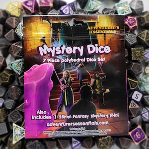 May include: A purple and pink pouch with a white label that reads "Mystery Dice 7 Piece polyhedral Dice Set". The label also includes the text "Adventurer's Essentials" and "Also Includes 1 28mm Fantasy Mystery Mini adventurersessentials.com".