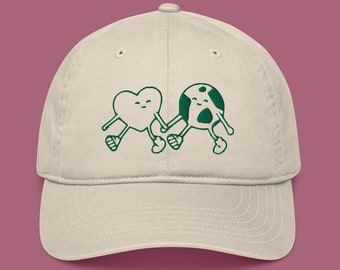 Gorra de papá bordada orgánica con corazón y tierra, gorra sostenible y moderna, estética linda, ropa ecológica para salvar el planeta, regalos ambientales
