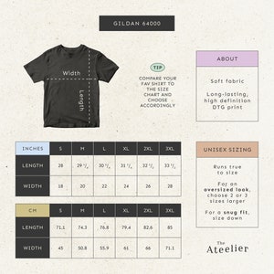 May include: A size chart for Gildan 64000 t-shirts, showing measurements in inches and centimeters for sizes S through 3XL. The chart includes length and width measurements. The chart also includes information about unisex sizing, including how the shirts run true to size and how to size up or down for an oversized or snug fit.
