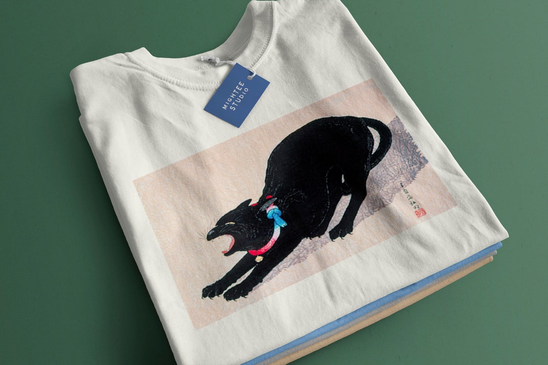Black Cat Unisex Tshirt Japanese Cat Art Cool Vintage Illustration Cat ...