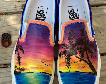 Customizable Sunset Vans Slip-ons | Painted Shoes | Beach Sunset Palm Trees