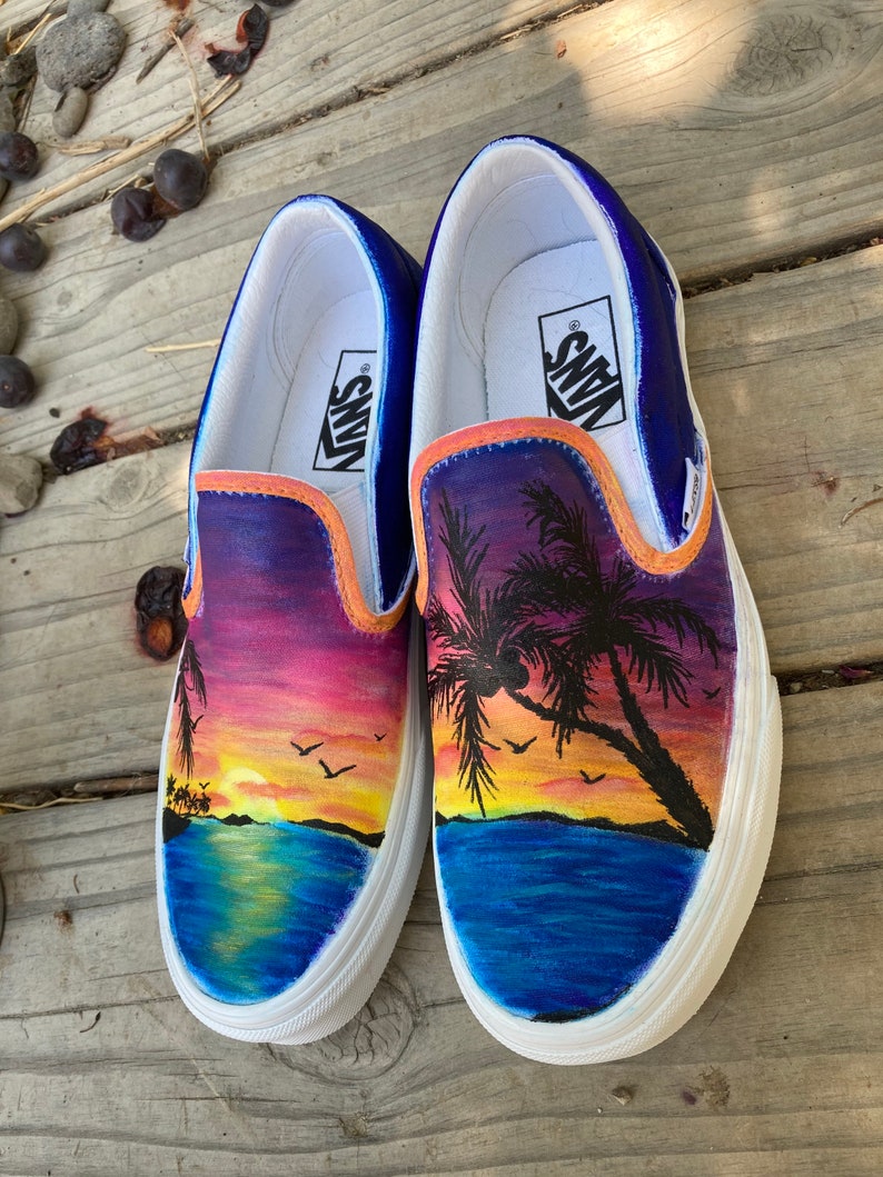 Customizable Sunset Vans Slipons Painted Shoes Beach Etsy