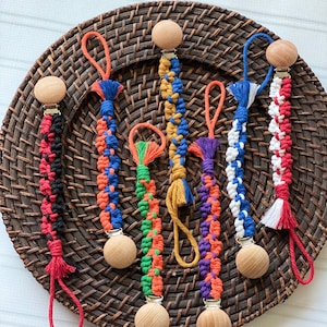 Team Colors Macrame Pacifier Clip/ Boho Chic/ Baby Gift/ Binky Clip/ Baby Shower Gift/ New mom gift/ football/ soccer, basketball