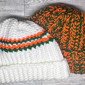 Miami Hurricanes , University of Miami beanie/ crochet hat colors, handmade, Orange/Green hat,  Canes