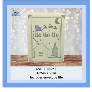 Ho Ho Ho insteekkaart SVG-bestand knippen met uitgesneden boom, kerstman en zijn slee | Compatibel met Joy: kerstkaart-SVG bevat instructies