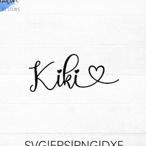 May include: Black and white cursive font design with the name Kiki and a heart. The design is perfect for a personalized gift or home decor.